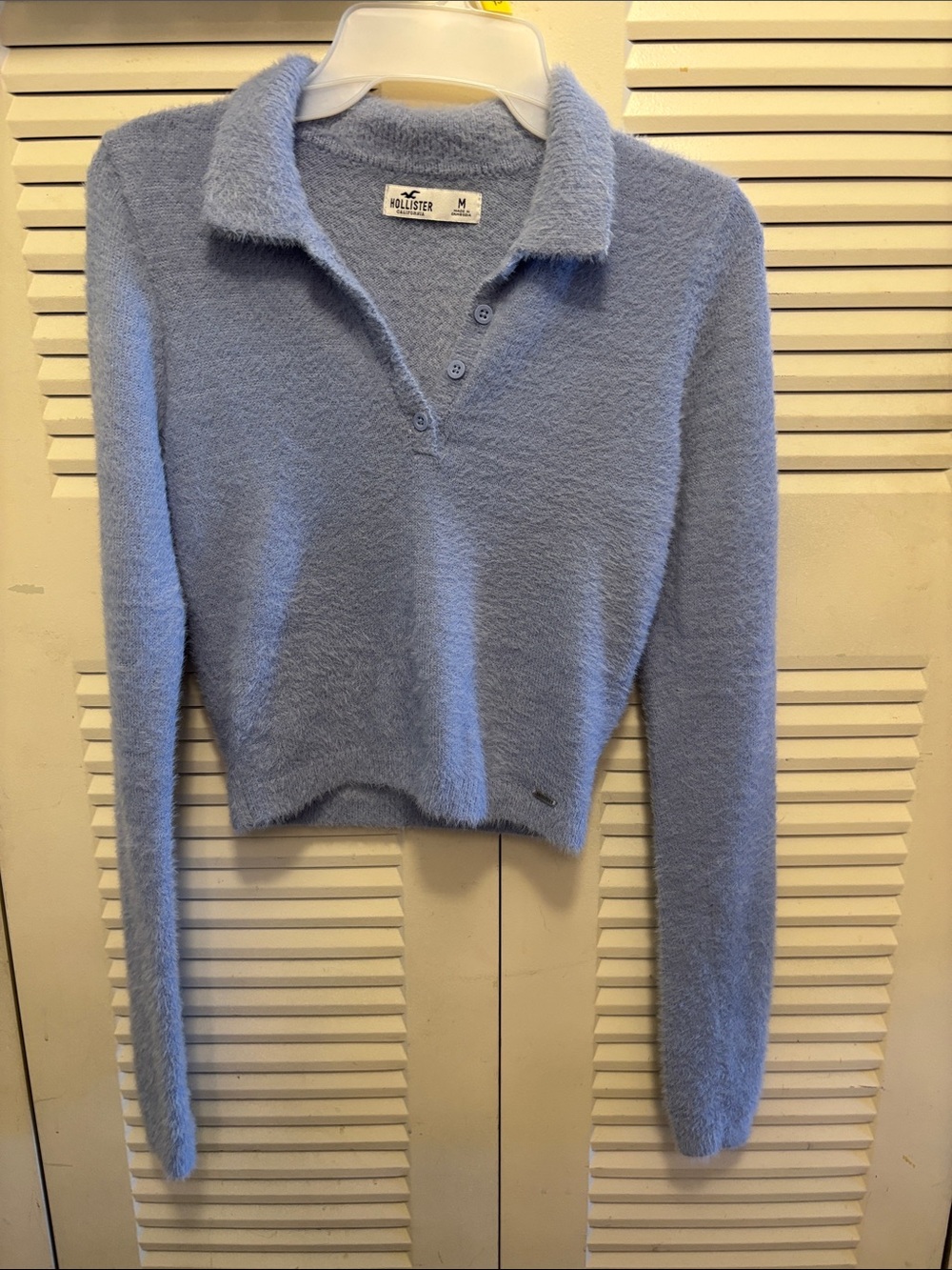 Hollister Women's Light Blue Plush V-Neck Polo Sweater